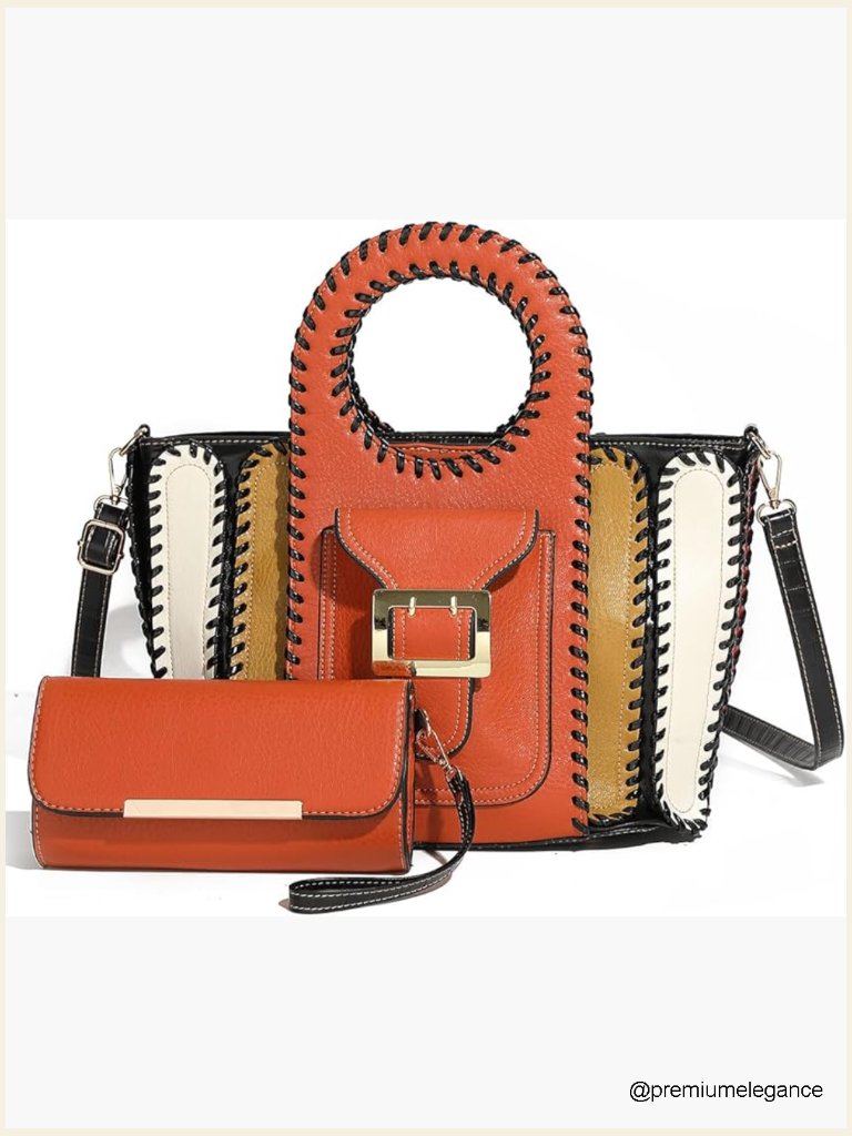 Large Faux Leather Satchel Crossbody Bag With Whipstitch Detail